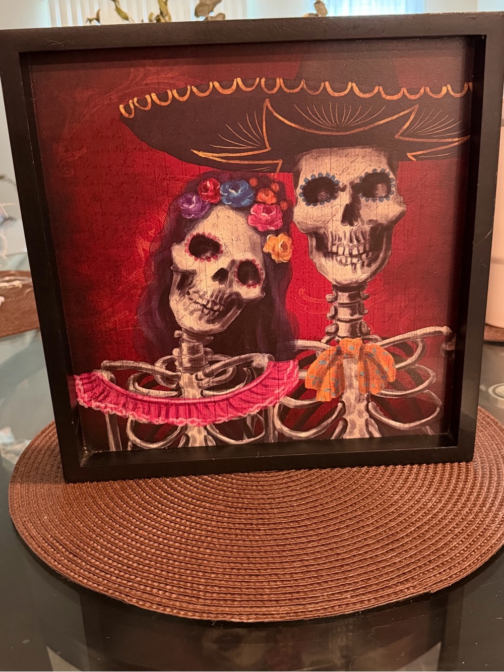 Skeleton Couple Wall Art in Red - Festive Day of the Dead Print